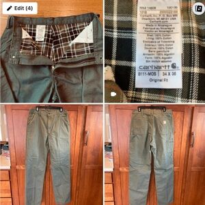 Carhartt B111 MOS Moss Green Flannel Lined Carpenter Pants Sz 34x36. NWOT. Work.
